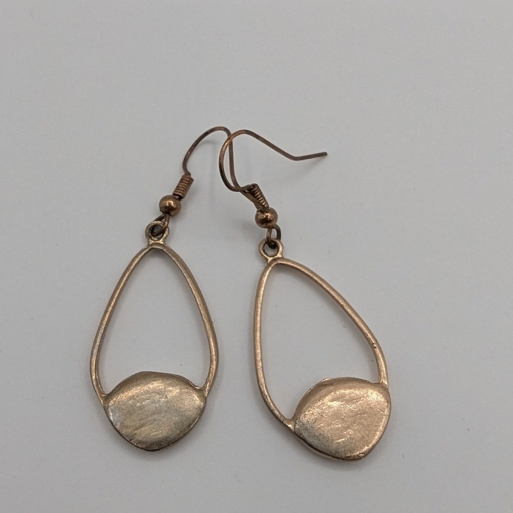 Vintage Gold Tone Open Teardrop Dangle Earrings with Pebble Accent Geometric - Picture 2 of 5